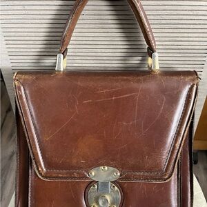 Vintage Lamprom Leather Purse Handle Three Compartment Zipper Accordion Brown